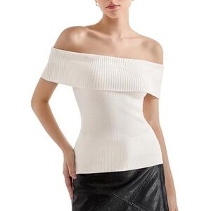 Maje Rib Knit Bardot-Neck Top In White Size 2